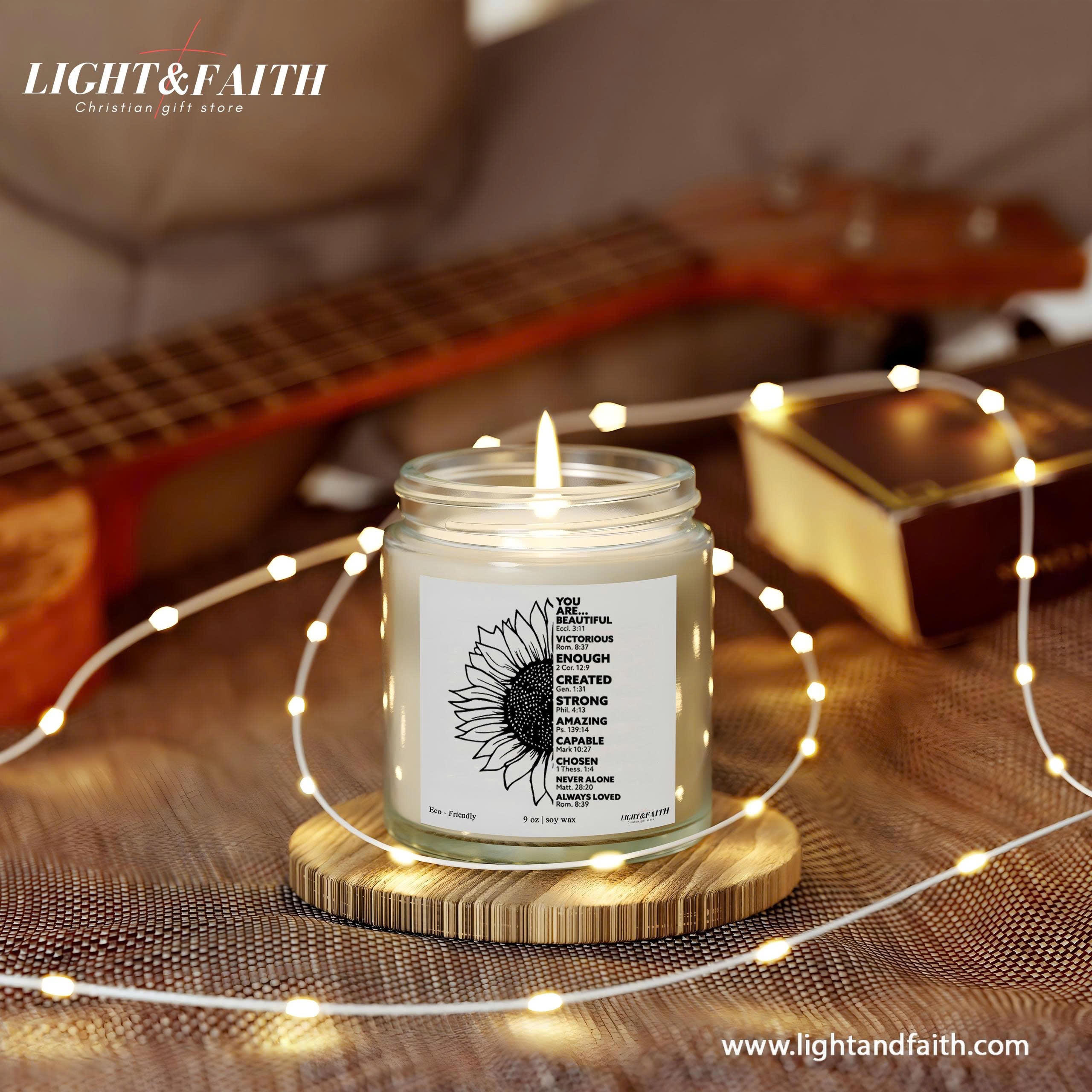 You Are Beautiful Christian Candle, Inspirational Bible Verses, Sunflower Design, Uplifting Gift for Women, Faith-Based Candle CDLAF21